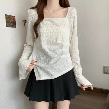 Plus Size Women Autumn Square Neck Long Sleeve Top Flare Sleeve Textured Slim Fit Undershirt T Shirt for Curvy Girls