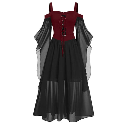 Womne Plus Size Halloween Dress Cold Shoulder Butterflies Sleeve Lace Up Gothic Style Costumes Retro Mesh Splicing Costume