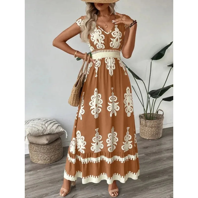 Plus Size New Women Fashion Floral Print V-Neck A-Line Dress with Ruffled Cap Sleeves Ladies Elegant Print Loose Summer Dress