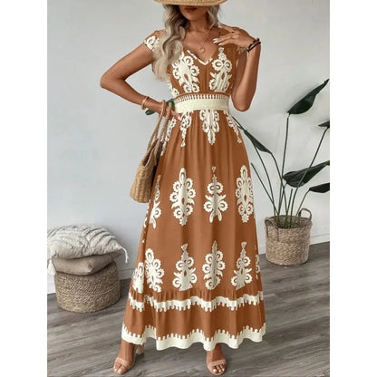 Plus Size New Women Fashion Floral Print V-Neck A-Line Dress with Ruffled Cap Sleeves Ladies Elegant Print Loose Summer Dress