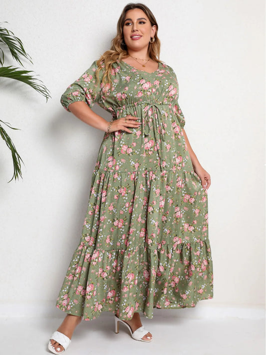 Plus Size Bohemian Summer Beach Casual Floral Print Half Sleeve Split Hem Maxi V Neck Long Dresses For Women