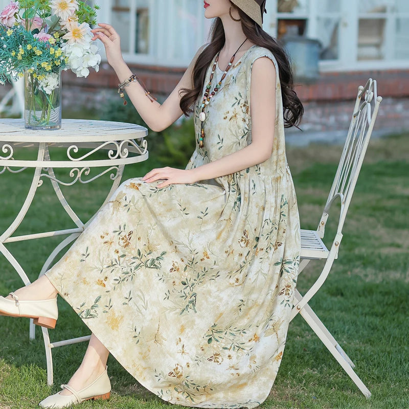 Plus Size Women Dress 2025 Summer Long Dress Vintage Loose Casual Elegant  Sleeveless Dress Women