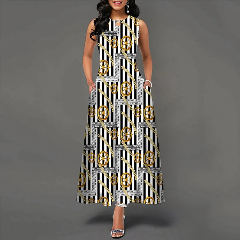Women Plus Size Casual Retro Long Dress with Pockets Floral Print Swing Dress