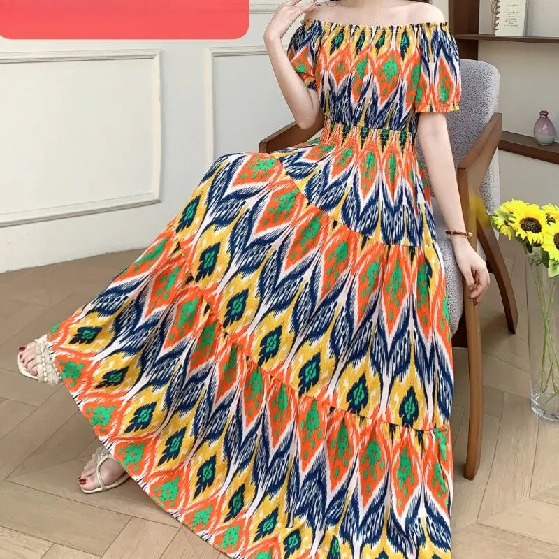Women's Plus Size Bohemian Style Long Summer Dress for Women Floral Cotton Beach Round Neck Indian Clothing Vestido Robe Female