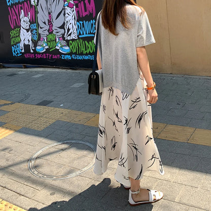 Plus Size XL- 5XL Female Vestidos 2025 Summer Casual Women Patchwork Dress Print Beach Style Ladies Dress Fake Two Piece Robe