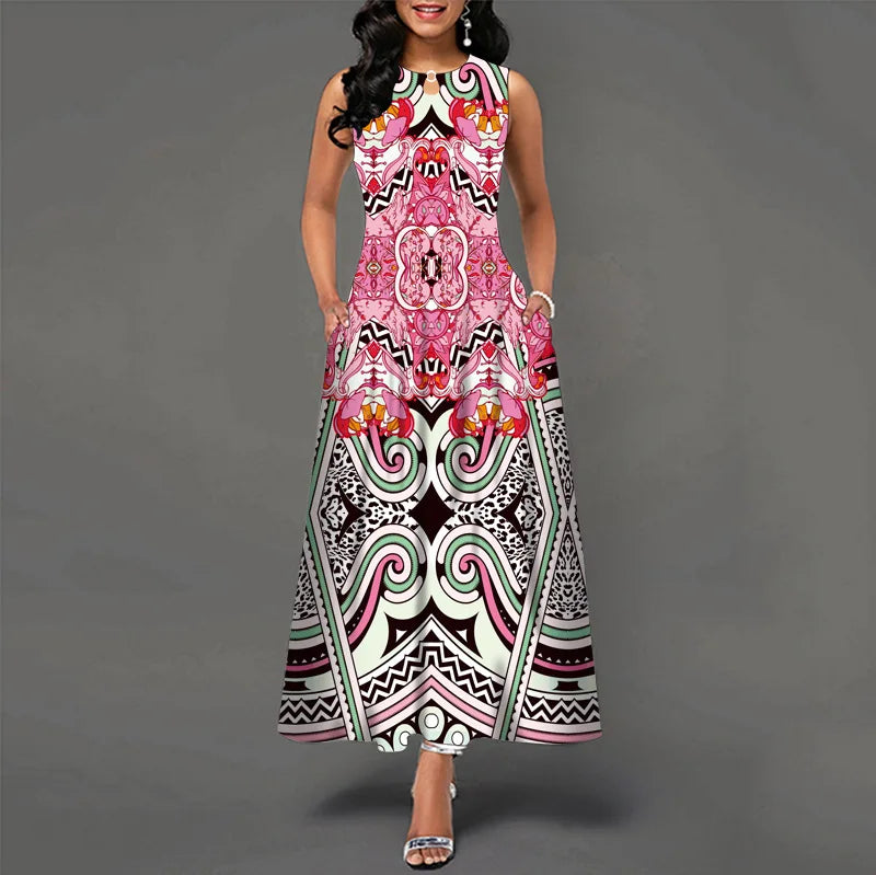 Women Plus Size Casual Retro Long Dress with Pockets Floral Print Swing Dress