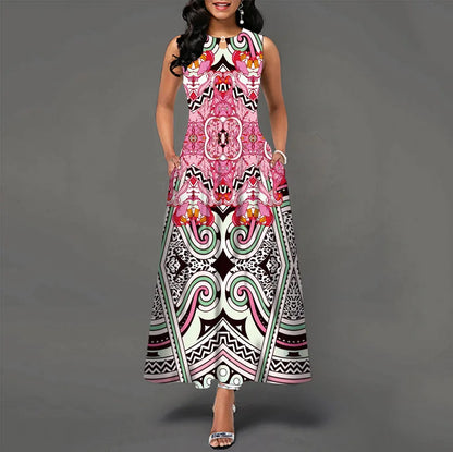 Women Plus Size Casual Retro Long Dress with Pockets Floral Print Swing Dress