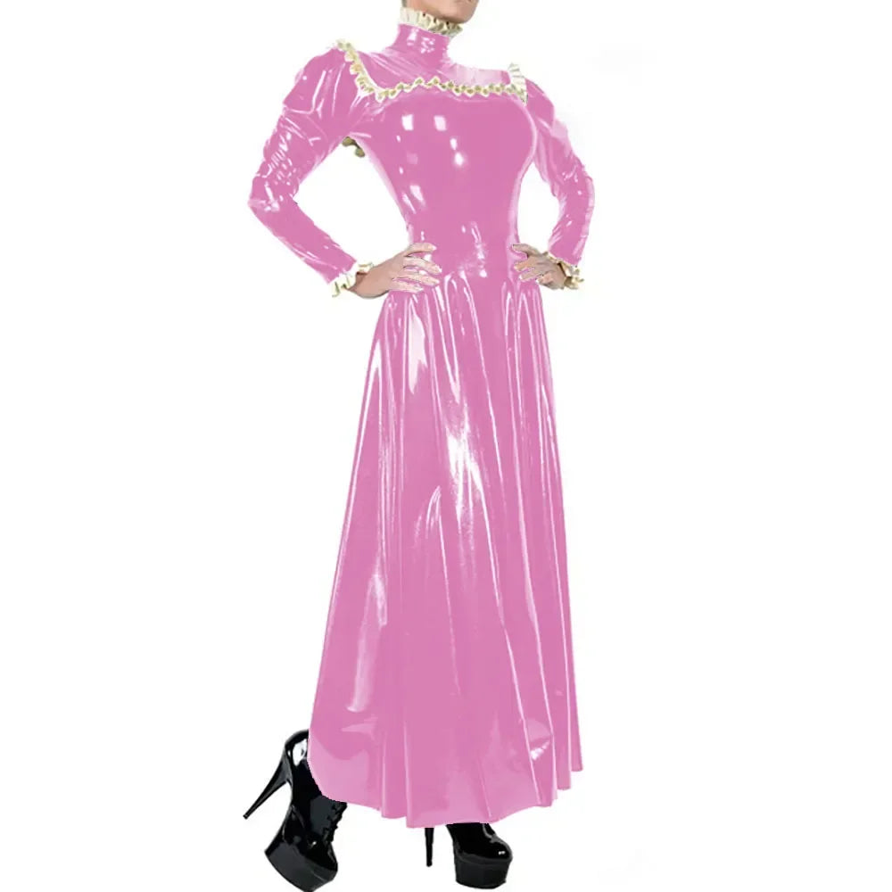 Plus Size Ladies Elegant Long Dress High Neck Ruched Trims Long Sleeved Vestidos Bodycon Back Zip Wetlook PVC Leather Ball Gowns