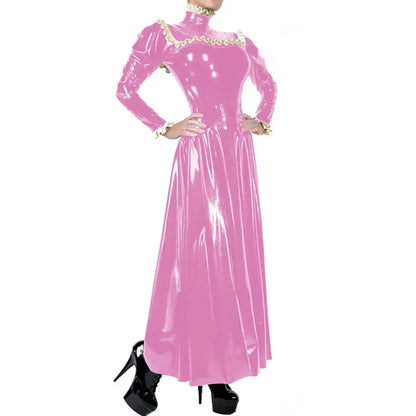 Plus Size Ladies Elegant Long Dress High Neck Ruched Trims Long Sleeved Vestidos Bodycon Back Zip Wetlook PVC Leather Ball Gowns