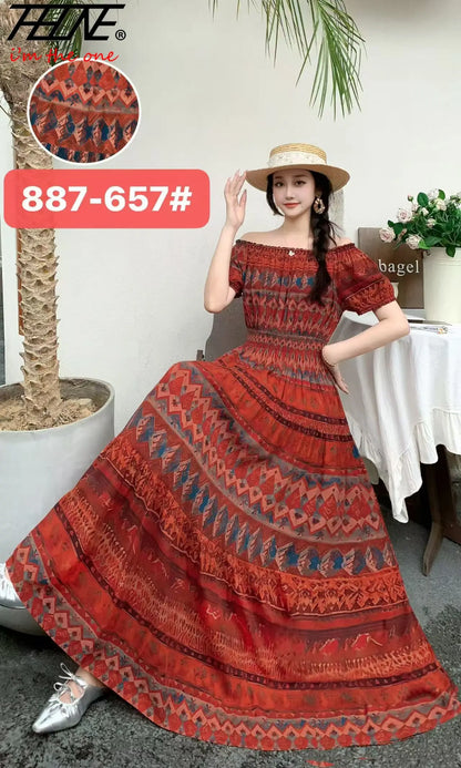 Women's Plus Size Bohemian Style Long Summer Dress for Women Floral Cotton Beach Round Neck Indian Clothing Vestido Robe Female