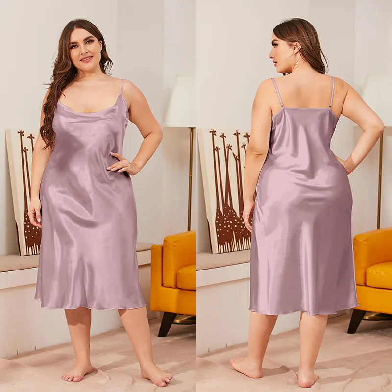 Plus Size 3XL 4XL 5XL Women's Nightgown Chemise Sleepwear Sexy Suspender Lace V-Neck Nightdress Loose Satin Homewear
