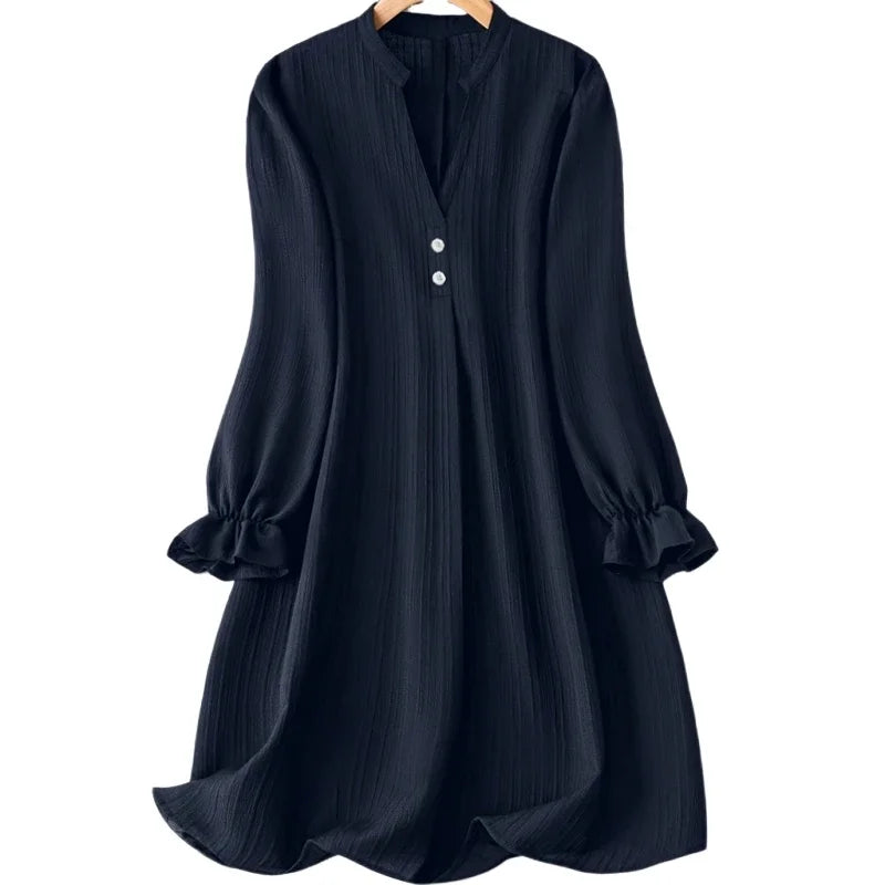 Women Plus Size 1XL-5XL Fashion Solid Color Button Front Shirt Dress Ladies Casual Long Sleeve Notched Neck Elegant Dress
