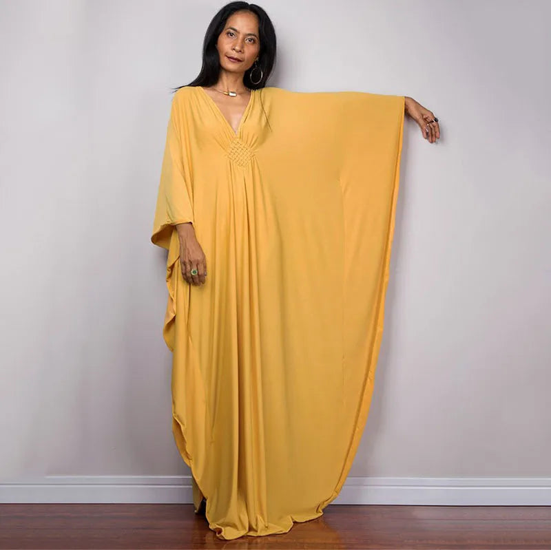 Plus Size Caftan Dresses for Women Solid Color Plus Size Beach Dress V Neck Cover Up Loose Soft Kaftan Loungewear