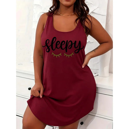 Plus-Size Women's Casual Sleepwear, Letter-Print Round Neck Curved Hem Straight Sleep Dress, Plus-Size Summer Cool Home Clothing