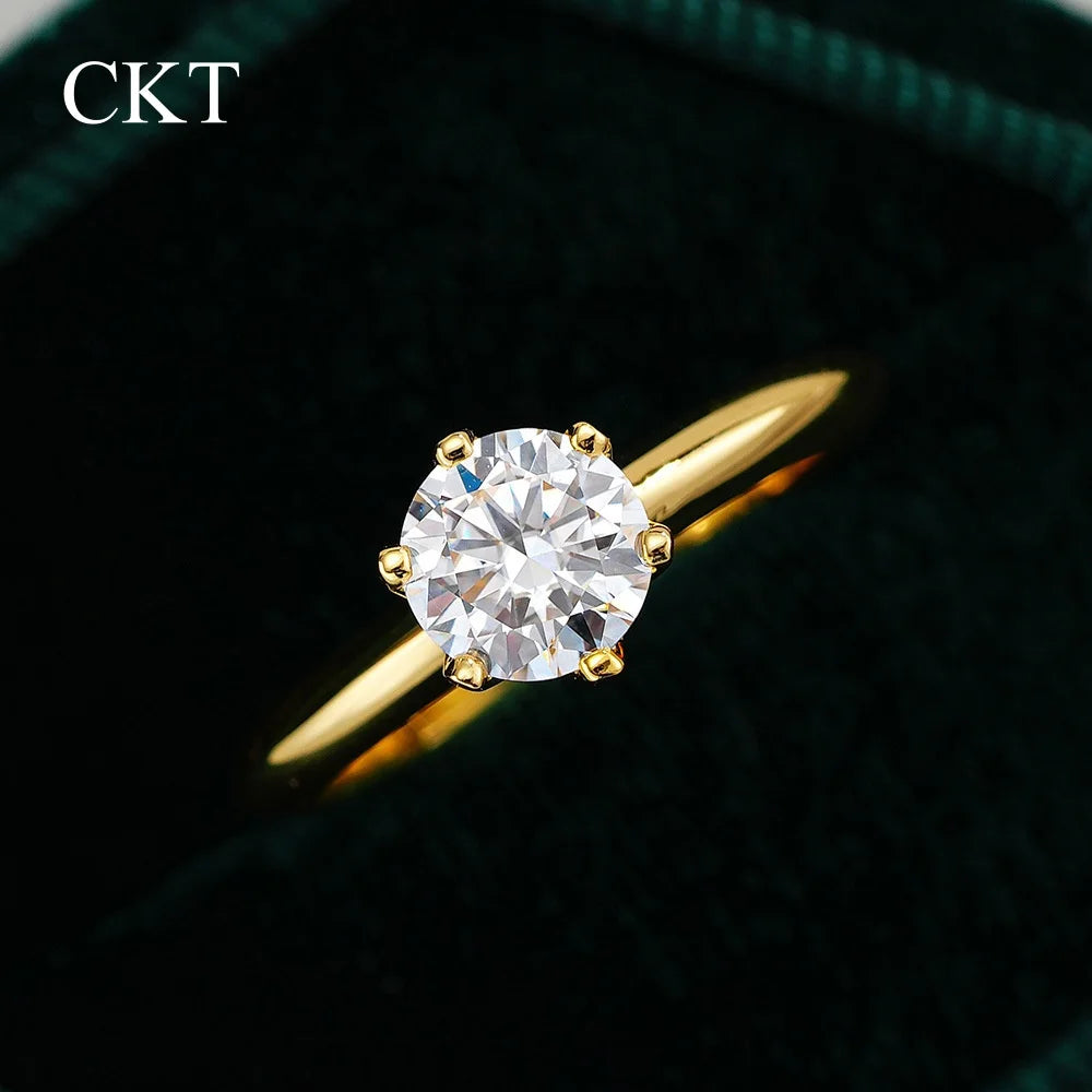 CKT Real 18k Gold Six-claw Rings for Women 6.5mm Round 1ct D Color Diamond Moissanite Fine Jewelry Wedding Bands Ring