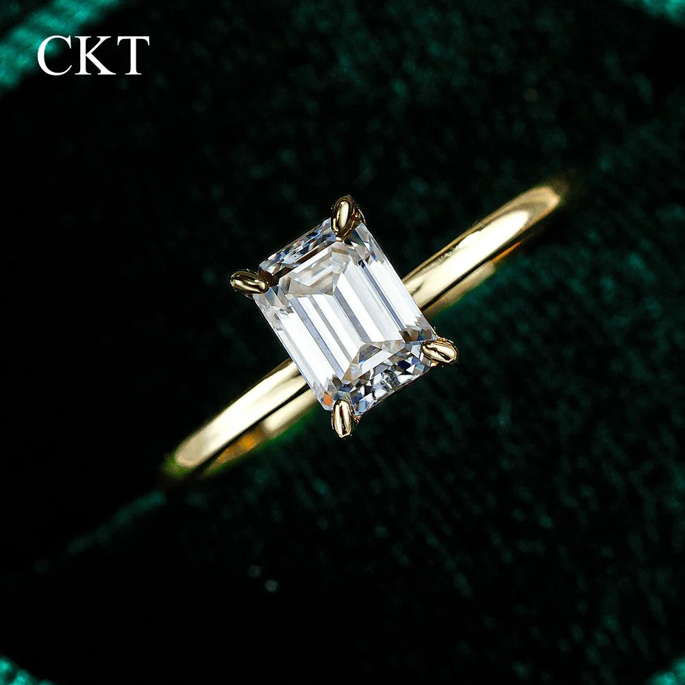 CKT Real 18k Gold Ring for Women Four-claw Emerald Rectangular 1ct Diamond Moissanite with GRA Cartificate Fine Jewelry