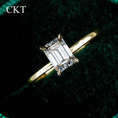 CKT Real 18k Gold Ring for Women Four-claw Emerald Rectangular 1ct Diamond Moissanite with GRA Cartificate Fine Jewelry