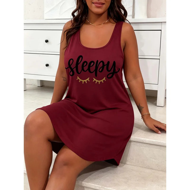 Plus-Size Women's Casual Sleepwear, Letter-Print Round Neck Curved Hem Straight Sleep Dress, Plus-Size Summer Cool Home Clothing