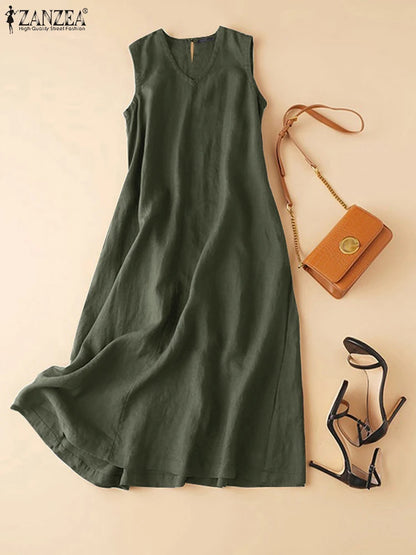 ZANZEA Plus Size Cotton Sleeveless Dresses 2025 Summer Womens Casual V Neck Solid Sundress Loose Vestidos Vintage Robes Femme