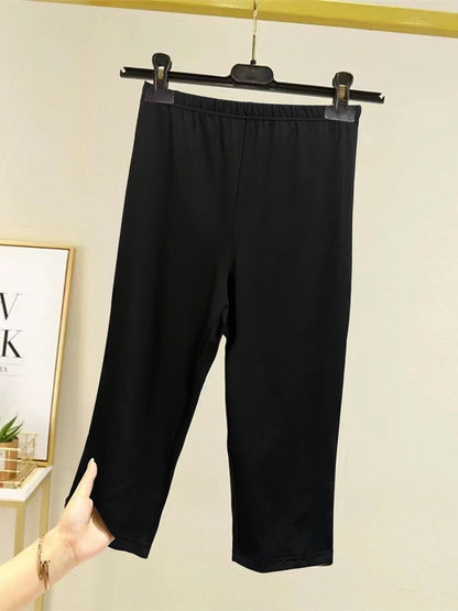 Curvy Plus Size Women's Skinny Capri with Side Split Mid PantsSolid Color Elastic Leggings Fashion Casual Summer Knit Trousers