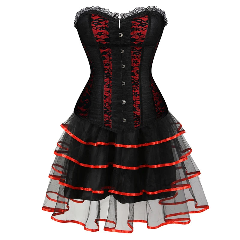 Corset Dresses for Women Plus Size Wedding Dress Red and Black Sexy Lace Up Corset Bustier Top Lace Skirt Gothic Corsets