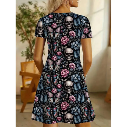 Plus-size Women's Maxi Dress Featuring a Gothic-style Skull, butterfly, and Floral Print.