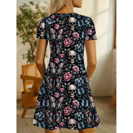 Plus-size Women's Maxi Dress Featuring a Gothic-style Skull, butterfly, and Floral Print.