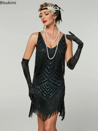 Flapper Roaring Plus Size 20s Great Lady Mini Short Dress Gatsby Fringed Sequin Beaded Lady Mini Tassels Decoration Dress Women