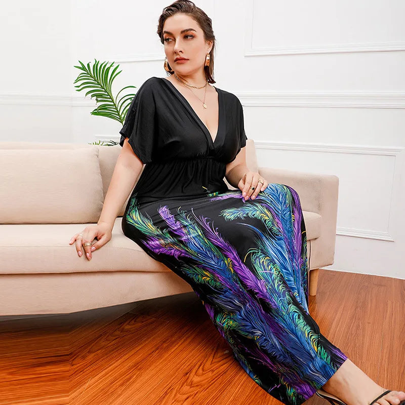 Casual Short Sleeve Plus Size Dress For Women Summer Print V Neck Long Dress Ladies Elegant Backless Ruffle Bohemian Dresses