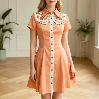 Women's Plus Size Cute Mushroom Print Lapel Collar Dress Button Down Slim Fit Casual Party Dress Cotton Soft Casual Dresses