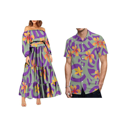 New Fashion Custom Plus Size Lady Full Sleeve Off Shoulder Crop Top and Long Pleated Skirt Samoan Polynesian Dress Women 2pcs