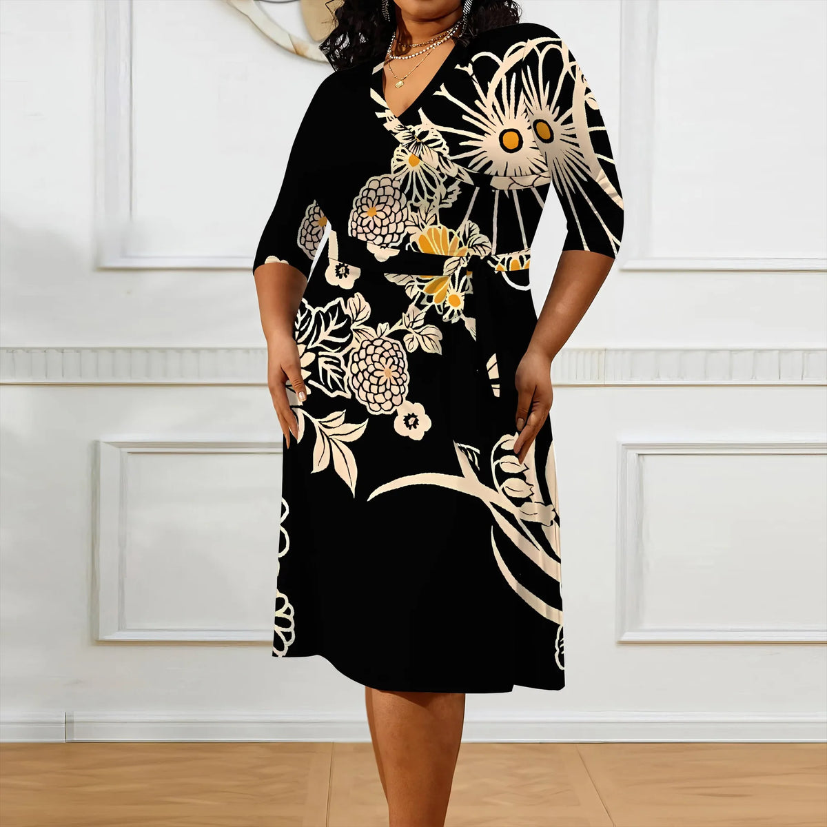 Plus size dress for curvy women Floral V-neck 3/4 sleeve A-line skirt with belt