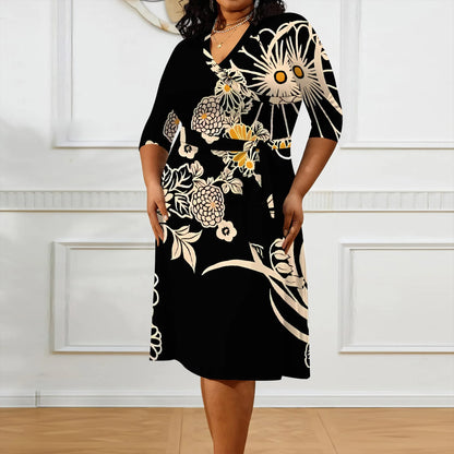 Plus size dress for curvy women Floral V-neck 3/4 sleeve A-line skirt with belt