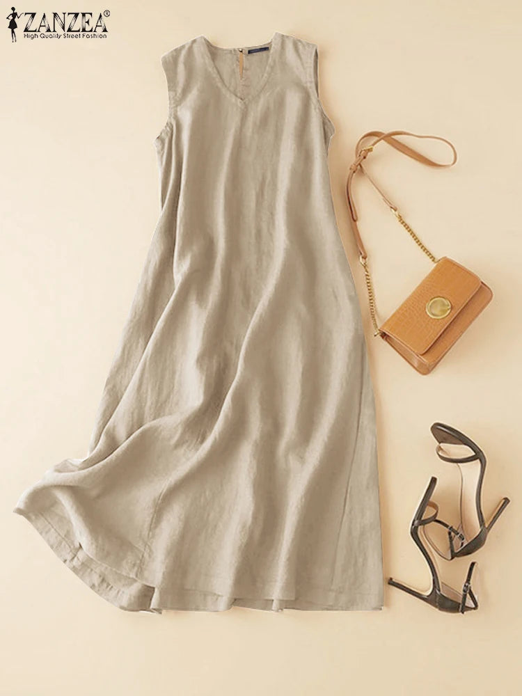 ZANZEA Plus Size Cotton Sleeveless Dresses 2025 Summer Womens Casual V Neck Solid Sundress Loose Vestidos Vintage Robes Femme