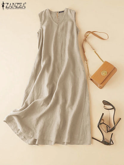 ZANZEA Plus Size Cotton Sleeveless Dresses 2025 Summer Womens Casual V Neck Solid Sundress Loose Vestidos Vintage Robes Femme