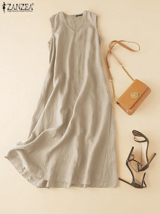 ZANZEA Plus Size Cotton Sleeveless Dresses 2025 Summer Womens Casual V Neck Solid Sundress Loose Vestidos Vintage Robes Femme