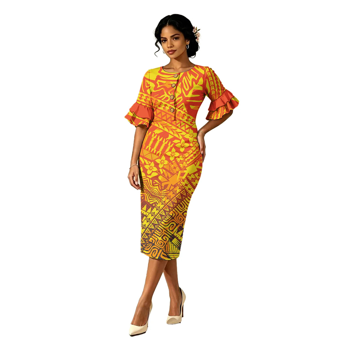 Plus Size Ladies Polynesian Classic Coconut Button Midi Wrap Dress Tribal Design Cascading Petal Sleeve Samoan Dress for Women