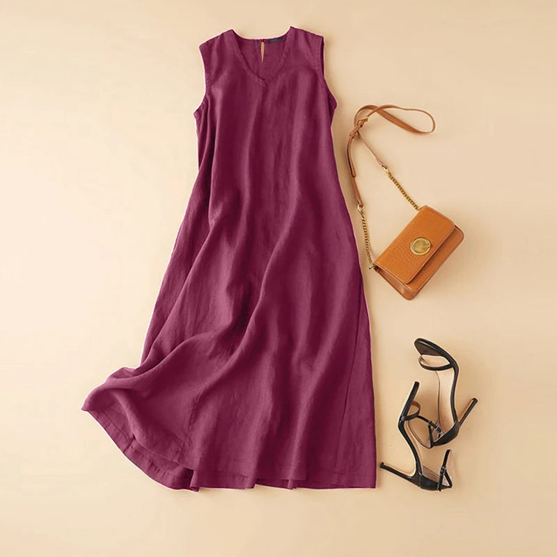 ZANZEA Plus Size Cotton Sleeveless Dresses 2025 Summer Womens Casual V Neck Solid Sundress Loose Vestidos Vintage Robes Femme