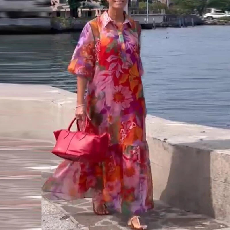 Plus Size Dress Women Turn Down Colloar Flower Printed Long Dress Boho Beach Holidyay Dresses For Women Casual Half Sleeve Loose