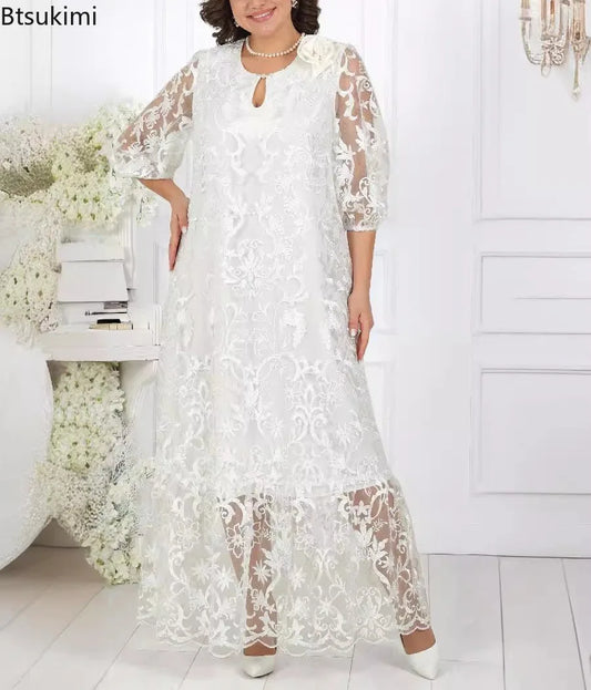 New Women's Elegant Lace Embroidery Cocktail Party Dresses Spring Plus Size Hollow Out Prom Gown Ladies Slim Formal Maxi Dress