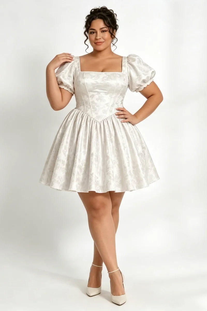 Plus Size Ivory Jacquard Satin Corset Mini Dress Elegant Square Neck Croset Back A‑Line Short  Romantic Homecoming Customized