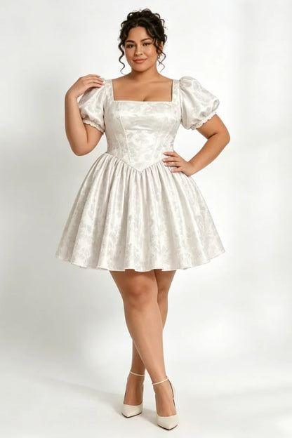 Plus Size Ivory Jacquard Satin Corset Mini Dress Elegant Square Neck Croset Back A‑Line Short  Romantic Homecoming Customized