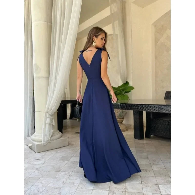Plus Size Women's  Casual Dress V-neck Sleeveless Suspender Dress Solid Color Waist Tied Slit Fashionable Party Dress
