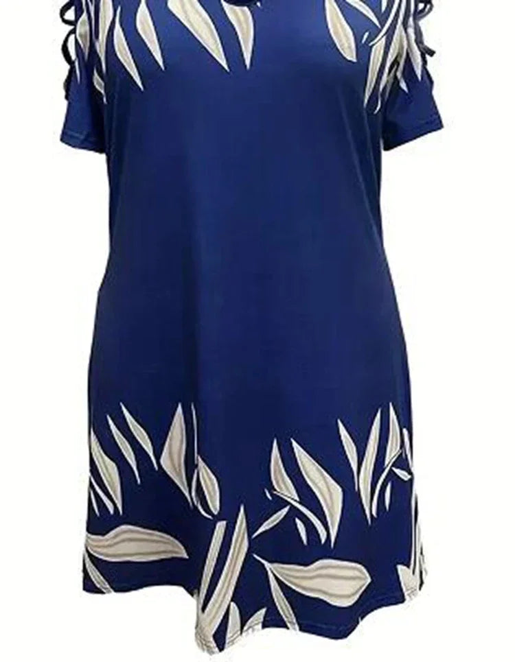 Women Fashion Plus Size 1XL-5XL Off The Shoulder Printed Short Sleeve Dress Ladies Elegant Knee Length Dress