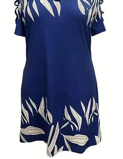 Women Fashion Plus Size 1XL-5XL Off The Shoulder Printed Short Sleeve Dress Ladies Elegant Knee Length Dress