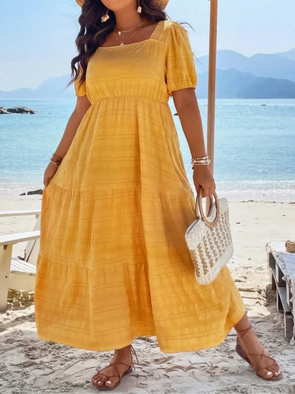 Plus Size 1XL-5XL Women's Fashionable Square Neck Solid Color Short Sleeved Dress Ladies Casual A-line Skirt Long Dress