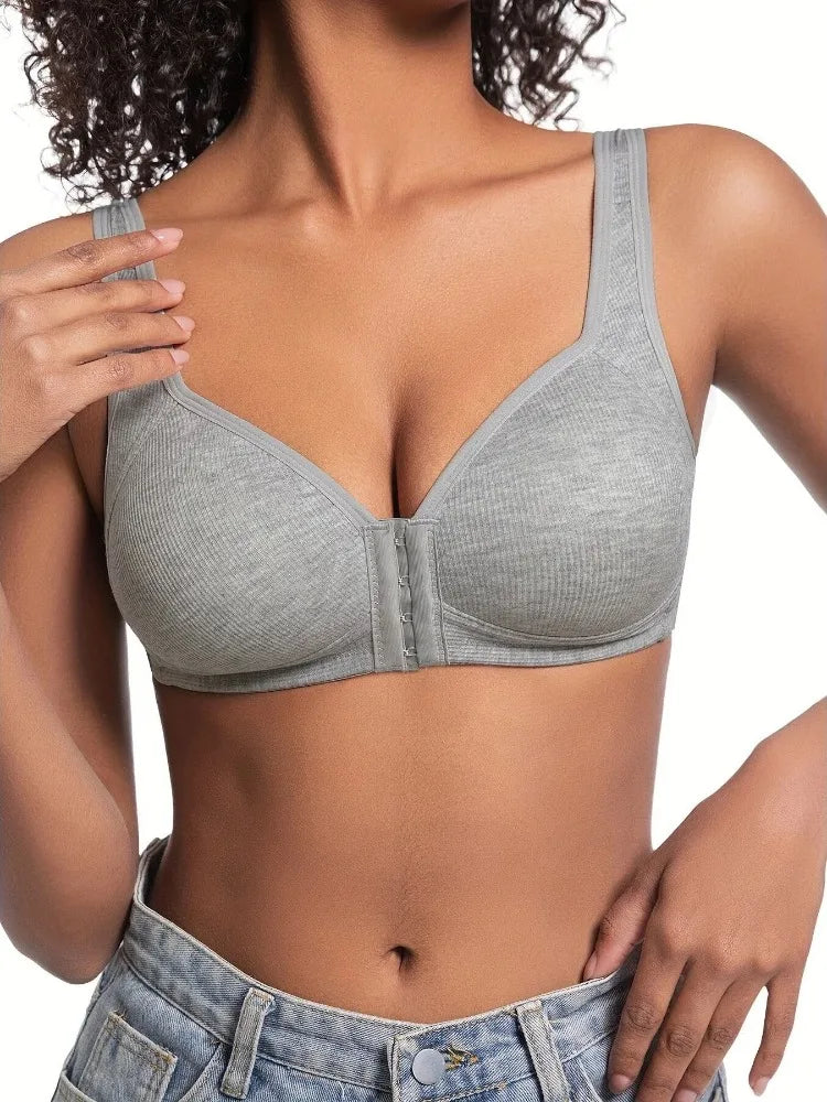Women's Bra Wire-Free Front Closure Solid Color Full Coverage Fixed Cups Women Seamless Large Size Comfort Underwear