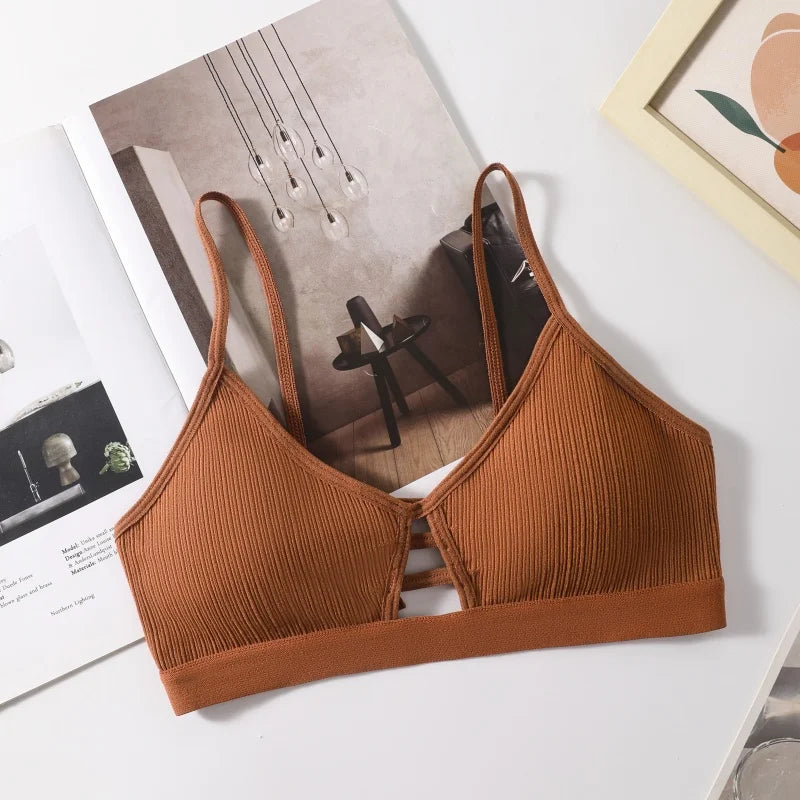 Women's Ribbed Hollow-Out Bralette Wireless Bra Breathable Padded Underwear Ladies Thin Strap Lingerie Daily Wear Sports Bras