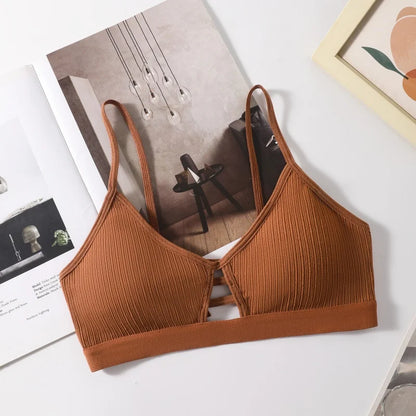 Women's Ribbed Hollow-Out Bralette Wireless Bra Breathable Padded Underwear Ladies Thin Strap Lingerie Daily Wear Sports Bras
