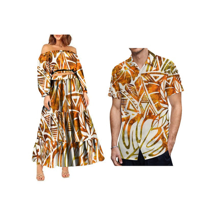 New Fashion Custom Plus Size Lady Full Sleeve Off Shoulder Crop Top and Long Pleated Skirt Samoan Polynesian Dress Women 2pcs